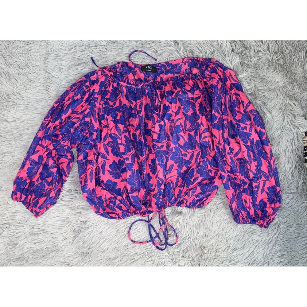 VICI Floral Off-the-Shoulder Blouse Large Pink Purple Long Sleeve Excellent